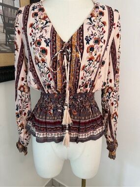 Angie Floral Tie-Front Smocked Peplum Blouse